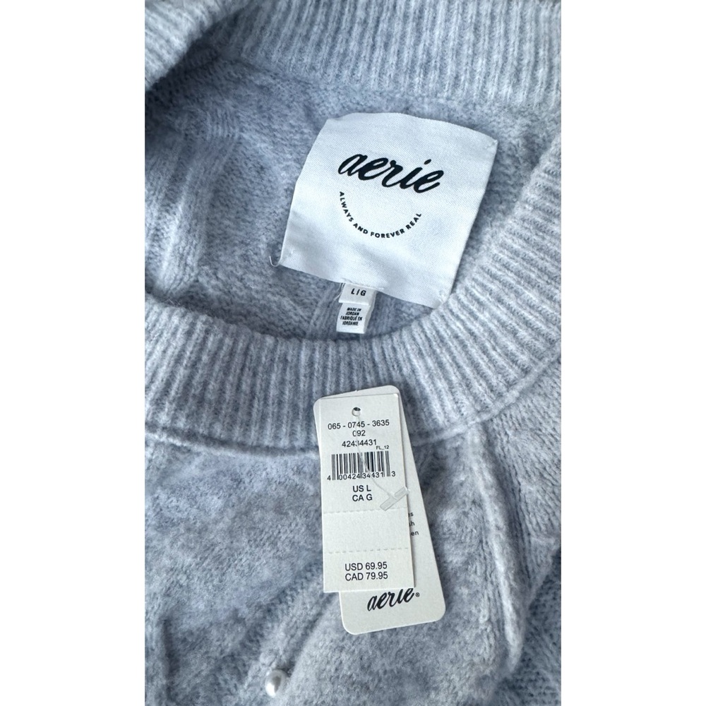 NWT Aerie Gray Unreal Cable Crew Sweater with Pearls - Picture 8 of 9